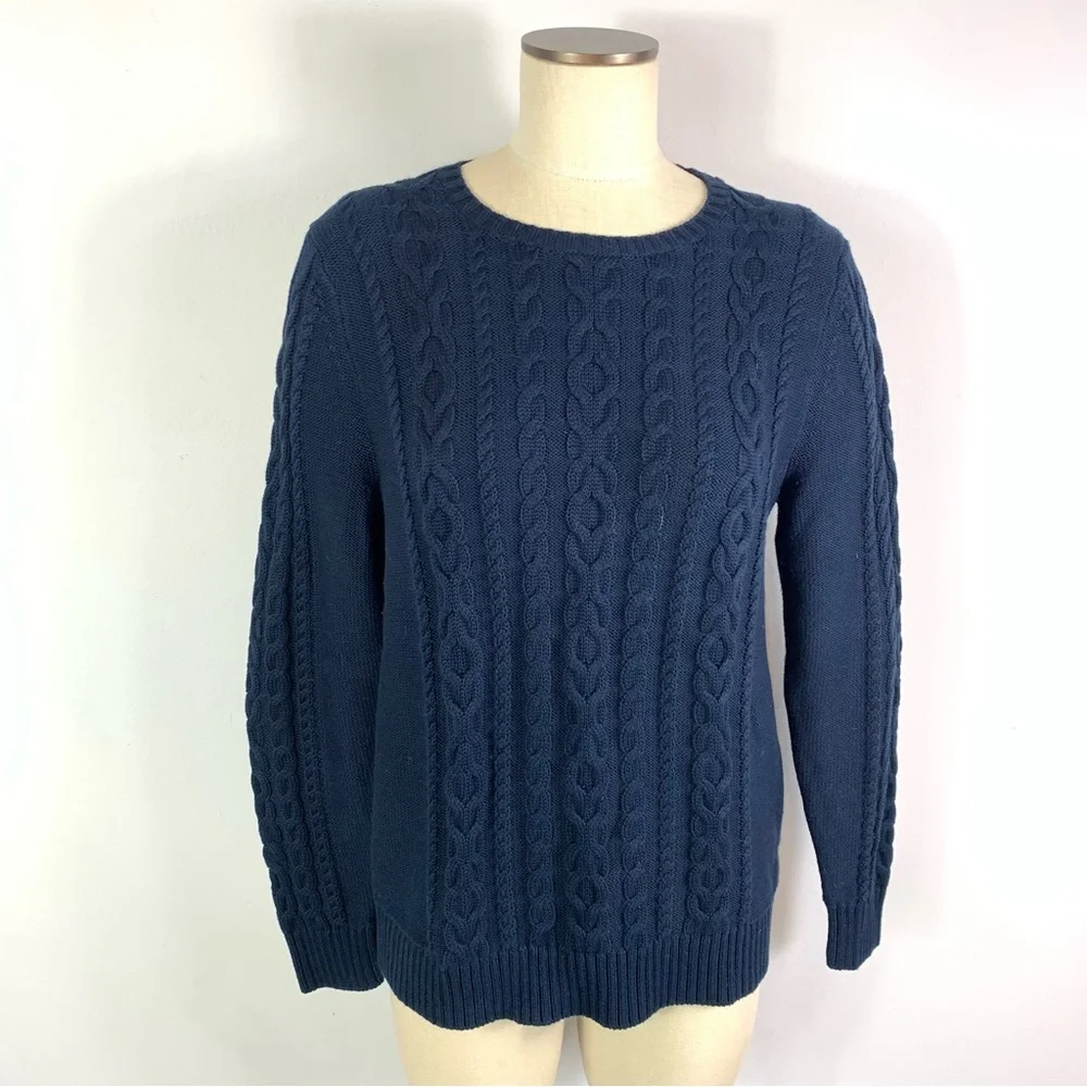 LL Bean Women's Double L Mixed-Cable Sweater Crewneck Navy Blue Size Large
